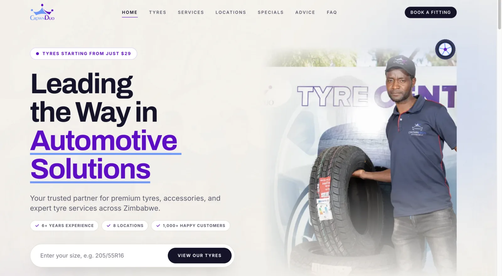 The CrownDuo website, where the tyre-size assistant chatbot lives